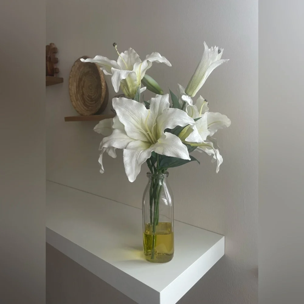 Faux White Lily Arrangement in Glass Vase